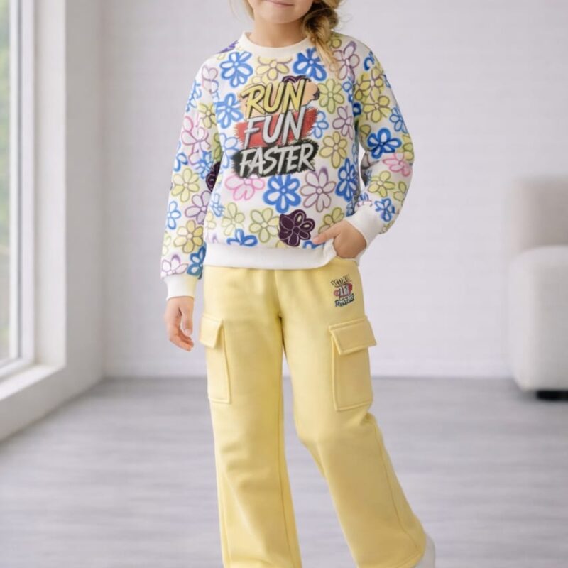 طقم بنطلون وسويت شيرت أطفال بناتي اصفر