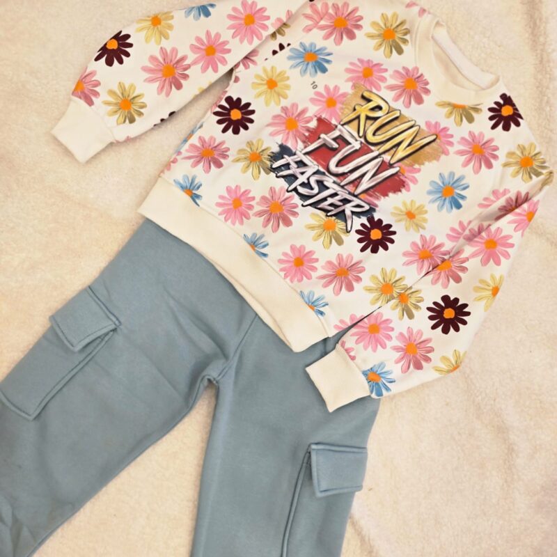 طقم بنطلون وسويت شيرت أطفال بناتي لايت بلو