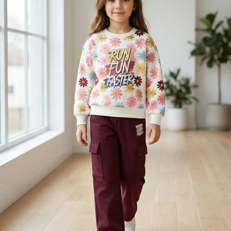 طقم بنطلون وسويت شيرت أطفال بناتي نبيتي